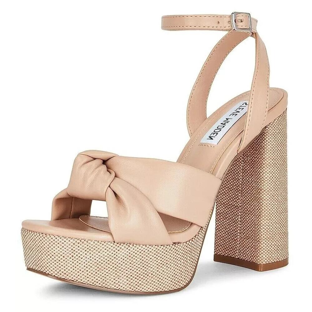 STEVE MADDEN Lala Beige Ankle Strap 11 Knotted Open Toe Block Heel Sandals